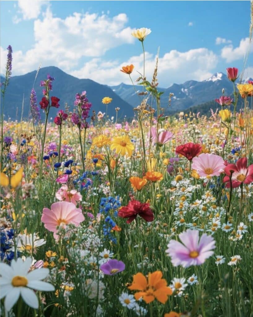 Prato fiorito con fiori colorati e montagne sullo sfondo.