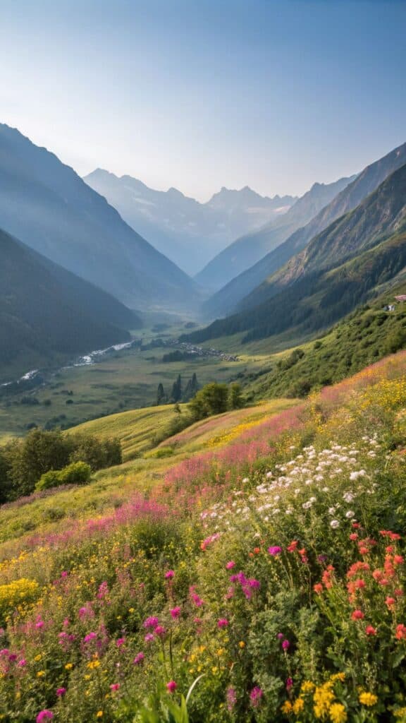Paesaggio montano con fiori selvatici e valle verde.