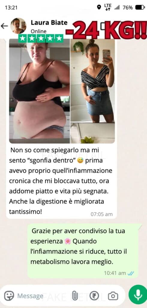 Prima e dopo la perdita di peso di Laura Biate.