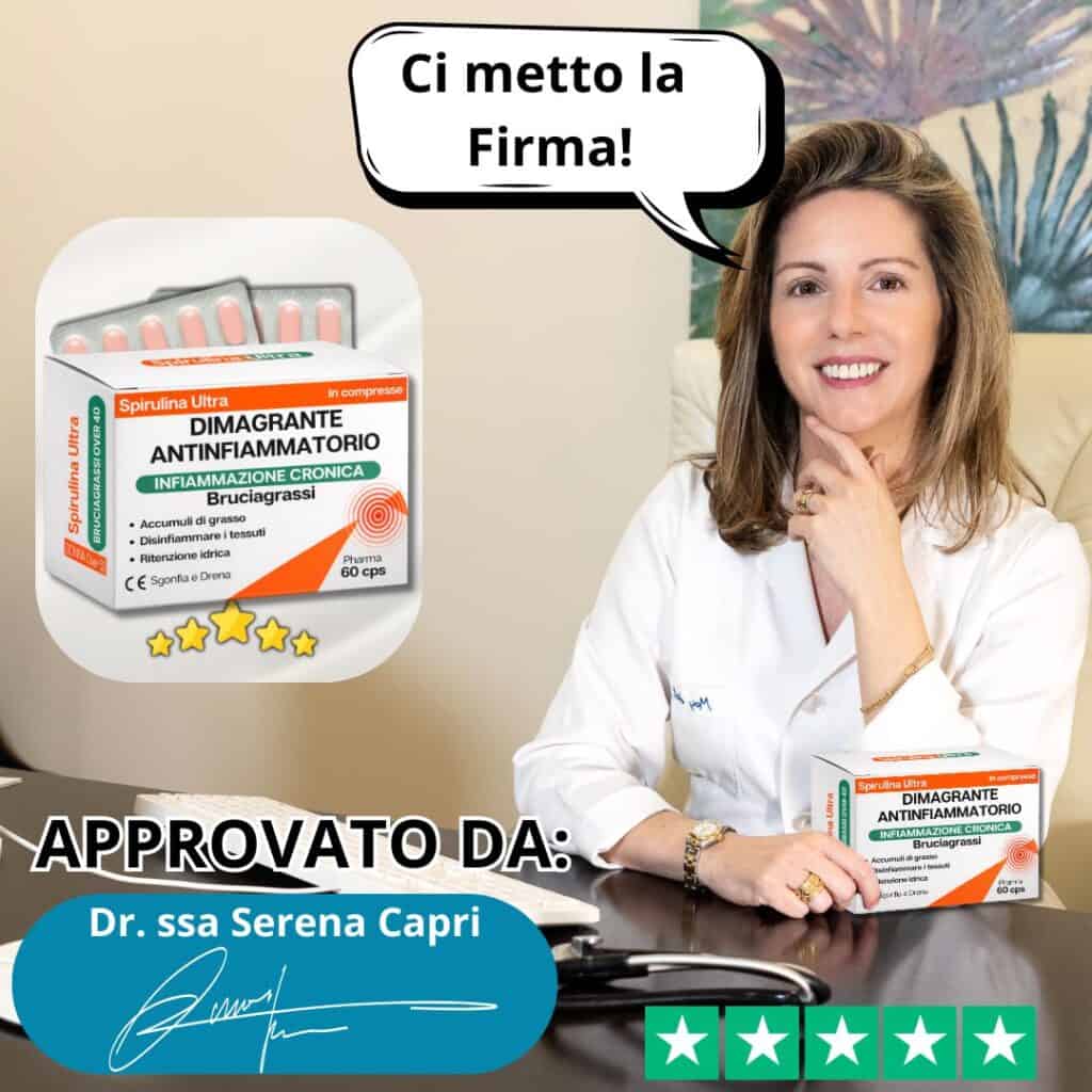 Dottoressa con integratore anti-infiammatorio e firma approvata.