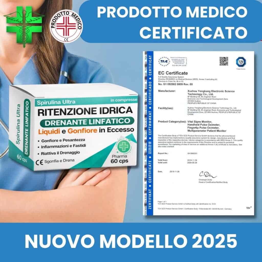 Integratore di spirulina ultra con certificato medico e confezione.