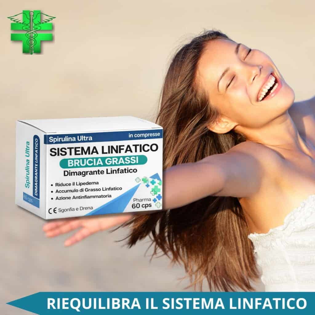 Donna felice con prodotto per il sistema linfatico e brucia grassi.