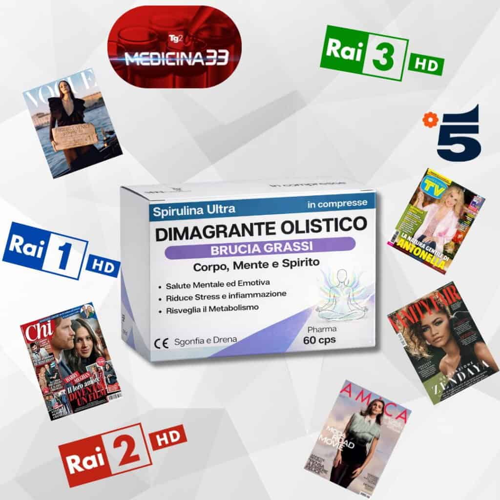 Integratore di Spirulina Ultra in confezione con riviste e TV.