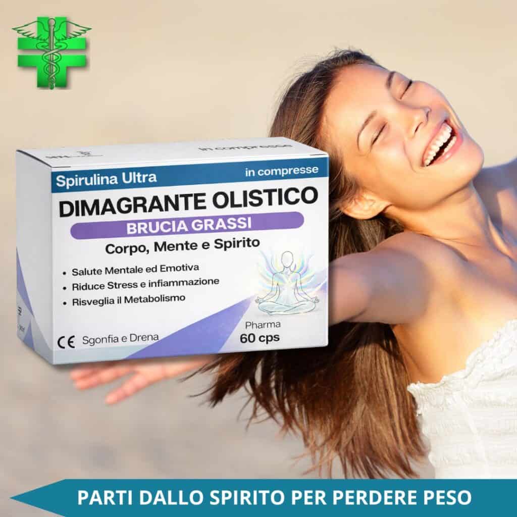 Donna felice con integratore dimagrante olistico brucia grassi.