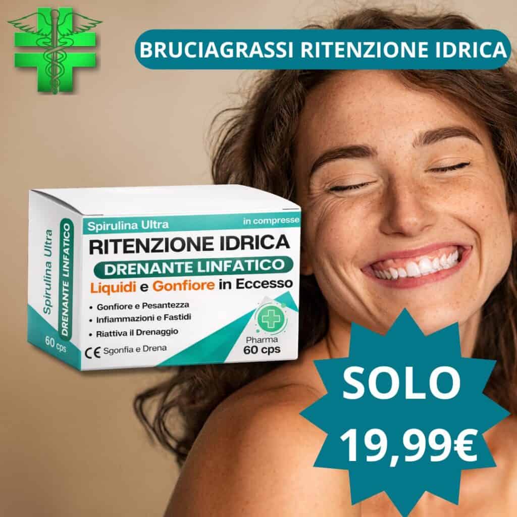 Integratore per ritenzione idrica e linfatica, 60 capsule, prezzo 19,99€.