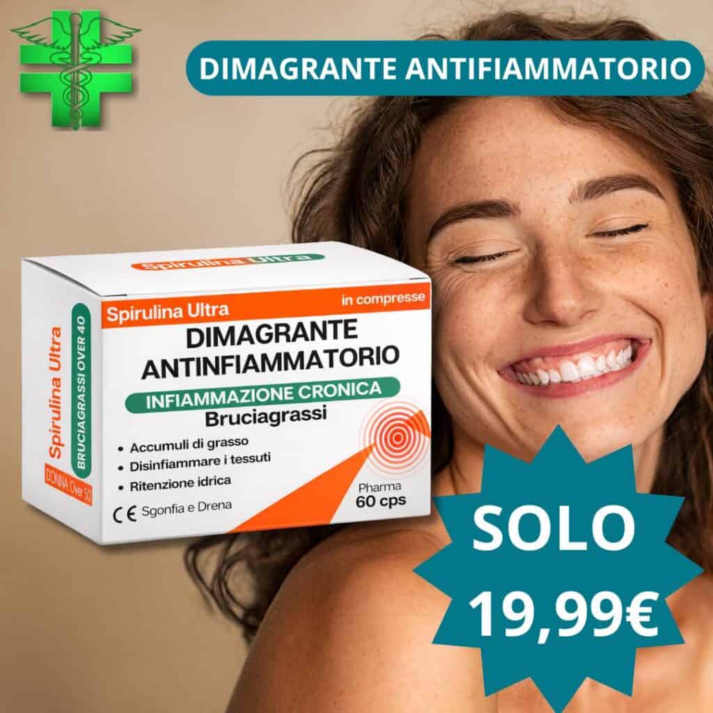 Donna sorridente con integratore antinfiammatorio in primo piano.