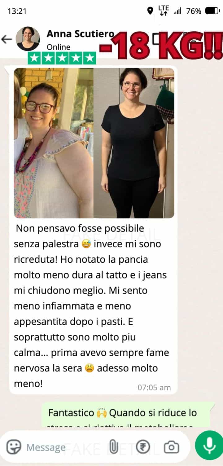 Donna felice con perdita di peso di 18 kg, prima e dopo.