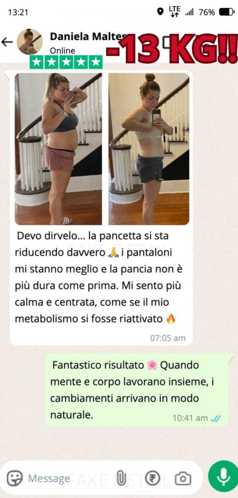 Prima e dopo perdita di peso con erbe naturali e dieta equilibrata.