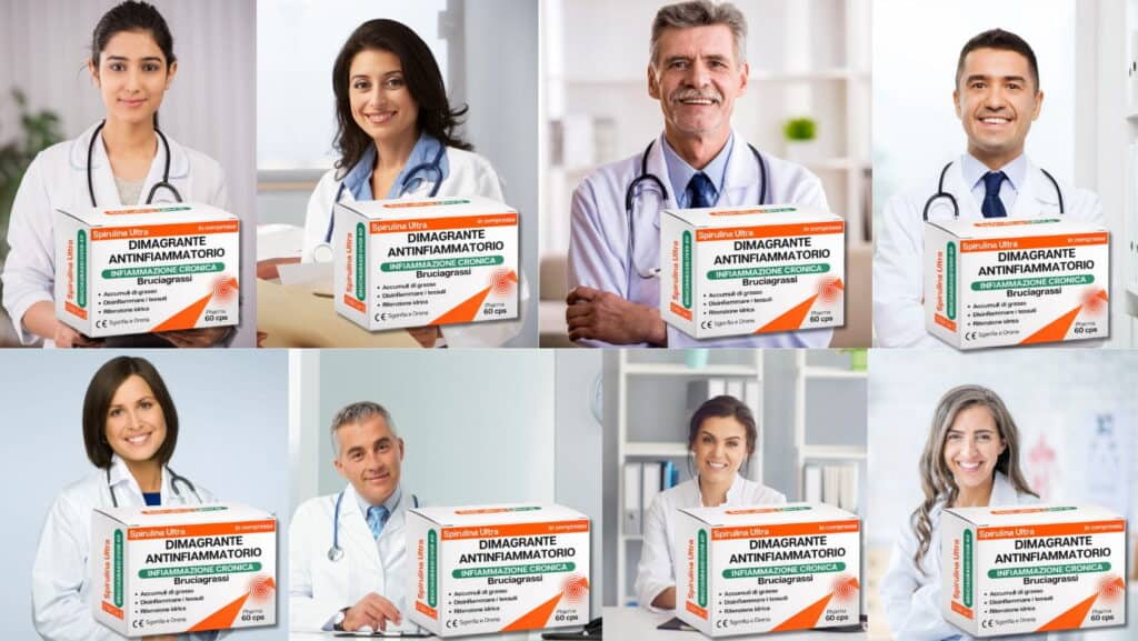 Medici sorridenti con prodotti erboristici per il benessere.