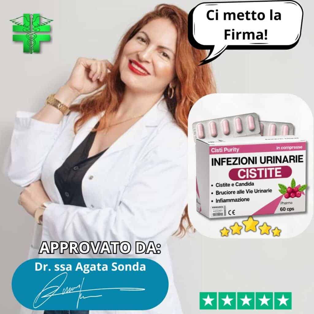 Donna con camice bianco e firma, prodotto per infezioni urinarie.