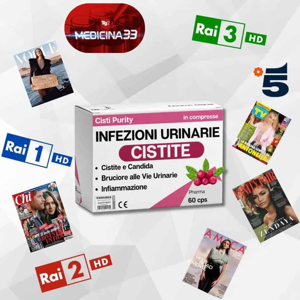 Box di integratore CISTE per infezioni urinarie con riviste e loghi TV.