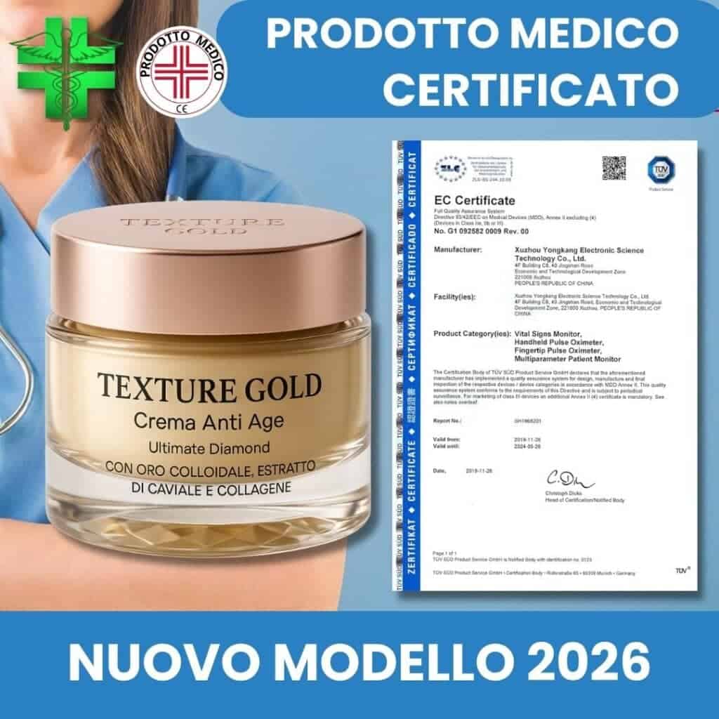 Crema anti invecchiamento Texture Gold con certificazione medica.