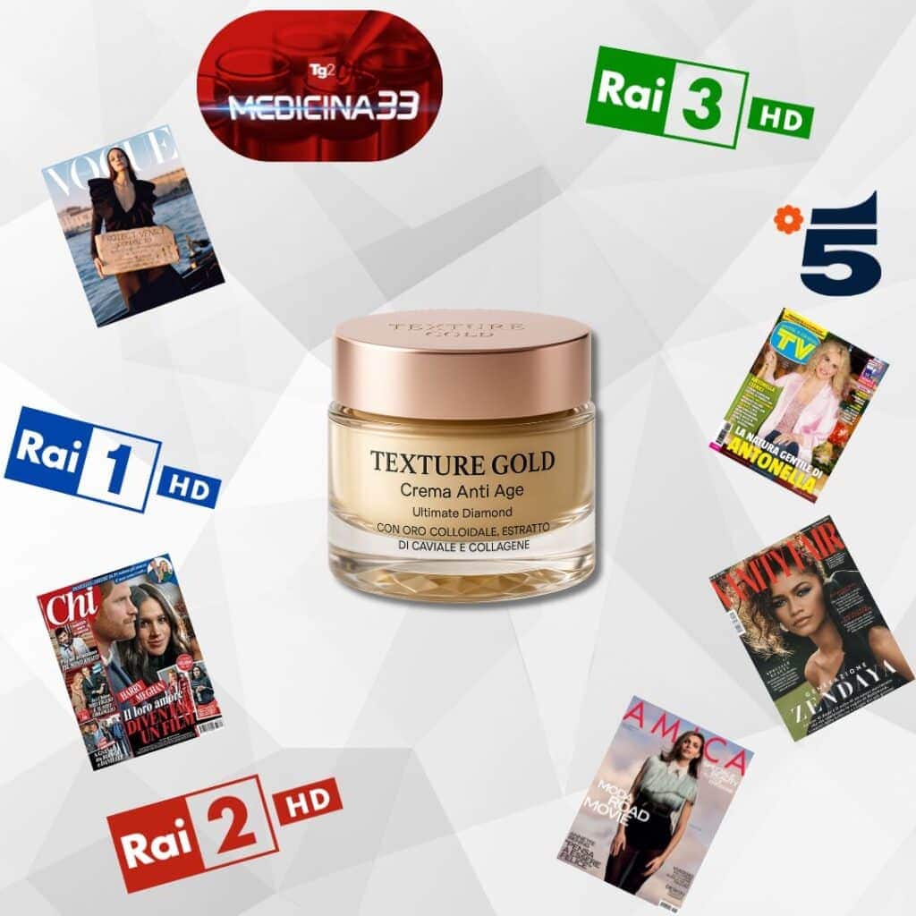 Crema anti-invecchiamento Texture Gold con collagene e diamanti.