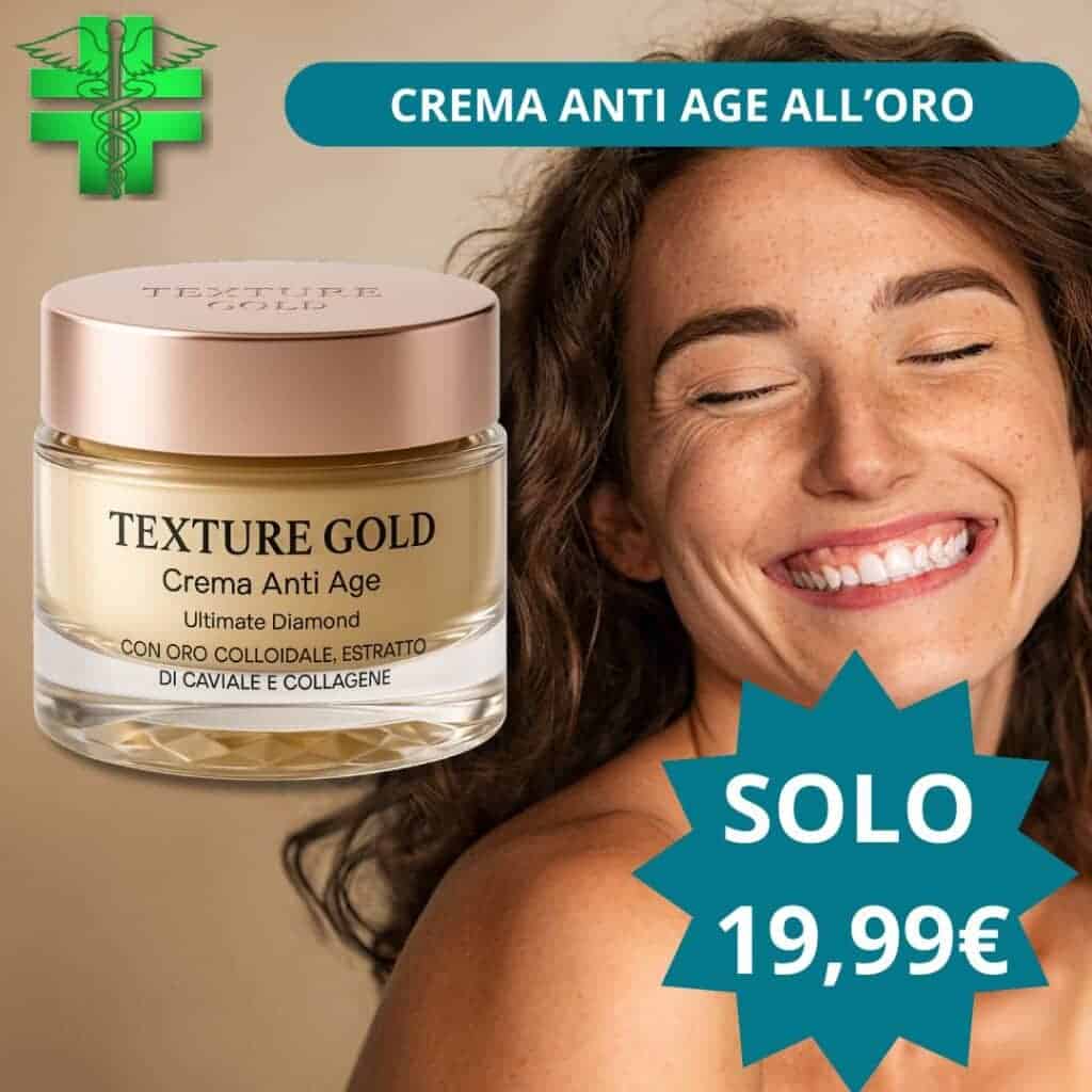 Crema anti invecchiamento Texture Gold con oro colloidale ed estratti naturali.