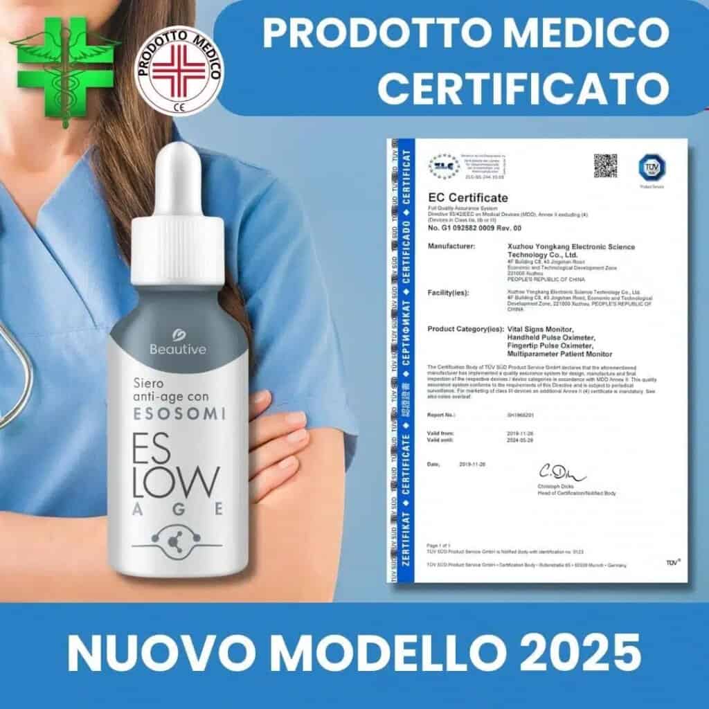 Bottiglia di siero anti-età ESLOWAGE con certificato medico.