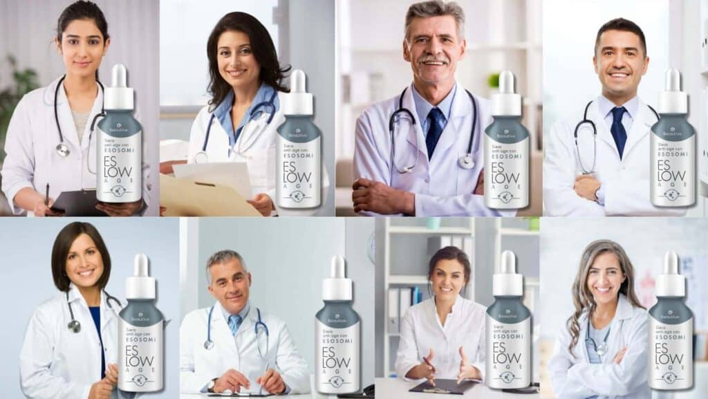Medici professionisti con prodotti erboristici e integratori naturali.